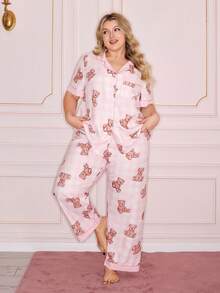 Slumberry CURVE Cute Ins Bear Plaid Print Contrast Color Lapel Button Front Short Sleeve Comfortable Loose Casual Woven Pajama Set, Plus Size - Pink - View 3