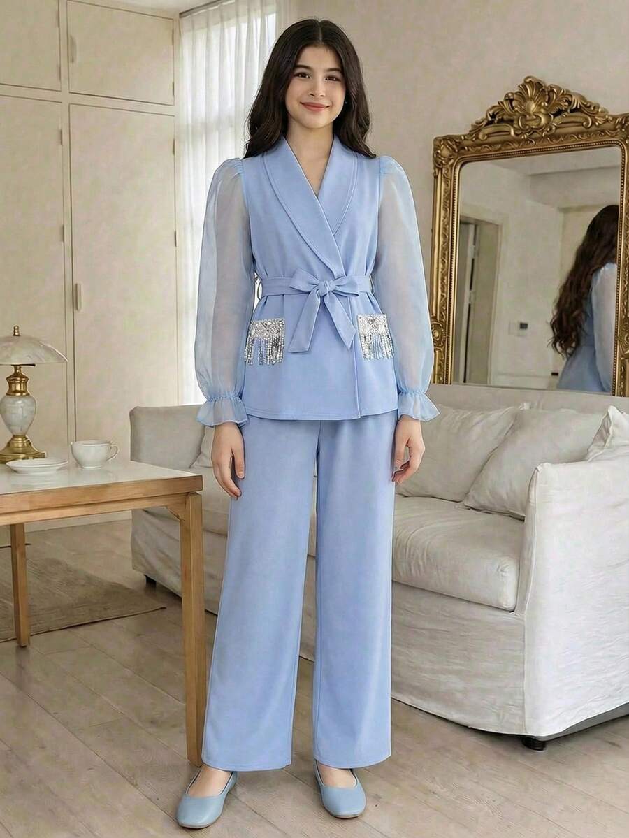 2件套少女宽松可爱立领无袖连衣裙和翻领外套 - 藍色 - 查看 1