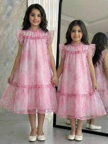 SHEIN Tween Girl Loose Elegant Ruffle Collar Floral Print Dress - Pink - View 1