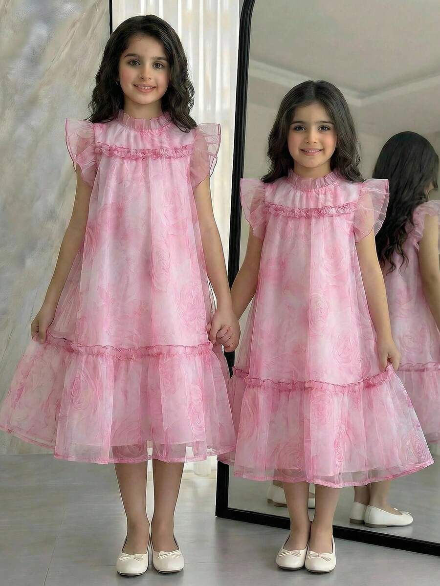 SHEIN Tween Girl Loose Elegant Ruffle Collar Floral Print Dress - Pink - View 1