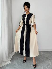 Rafferiza Women's Round Neck Flare Sleeve Contrast Color Ruffle Patchwork Elegant Long Midi Dress,Black And Beige,Summer,Modest,Dining,Party,French - Apricot - View 5