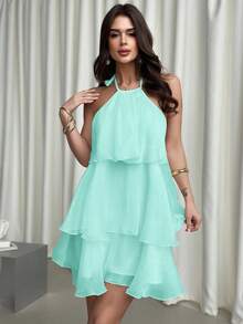 Firerie Elegant Romantic Date Backless Layered Hem White Organza Halter Neck Puff Dress, Suitable For Valentine's Day ,Summer Dress - Green - View 3