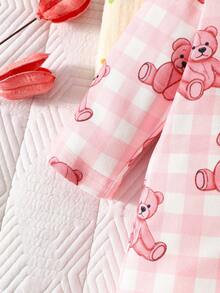 SHEIN Set de 2 piezas Pelele de manga larga con estampado de oso de dibujos animados y gorro para bebé recién nacido unisex, adecuado para uso diario, fiesta de cumpleaños, fotografía en primavera, verano, otoño, invierno - Rosa - Ver 3