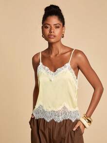 Travachic 女士夏季度假休闲蕾丝拼接吊带背心，女士度假休闲套装，夏季假期，春假，派对，海滩，春季，情人节，女士情人节，狂欢节服装，优雅，狂欢节，春夏交替，派对，夏季上衣，情人节上衣，女士婚礼宾客上衣，生日上衣，派对上衣，女士优雅上衣，夏季上衣，狂欢节服装，墨西哥风情女士波西米亚风上衣，缎面蕾丝边饰，黄色上衣 - 黃色 - 查看 5