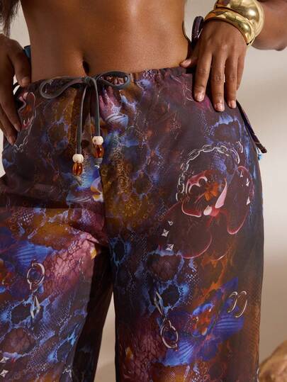 Opulessa Women's Beach Vacation Casual Printed Coverup & Pants Set, Spring To Summer, Valentine's Day,  Carnival Costume, Elegant Outfits For Party, Beach Outfit, Summer Vacation Outfits, Casual Outfits,Summer,Summer Clothes,Summer Holiday Outfits,Carnival,Party,Beach,Elegant ,Vacation,Casual,Formal,Graphic,Flower,Leopard