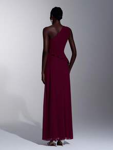 Elitara Old Rose Summer Elegant Formal Event Prom Wedding Chestnut Chiffon Asymmetrical Shoulder Metal Buckle Ruffle Hem Front Slit A-Line Party Dress - Maroon - View 5