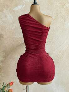 Soleia 新款度假风扭结肩带紧身迷你连衣裙，波西米亚风，度假风，秋季女装，复古风，假日风 - 酒紅色 - 查看 2