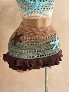 Soleia Women's Ombre Starfish Applique Hollow Out Knit Camisole Top And Knitted Mini Skirt Sexy 2-Piece Set, Suitable For Party, Evening, Date, Beach, Summer - Multicolor - View 3