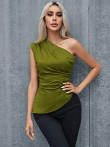 Aveloria Modichic Women's Casual Commuting Minimalist Solid Color Pleated Fitted Shoulder Top, Summer - Olive Green - View 6