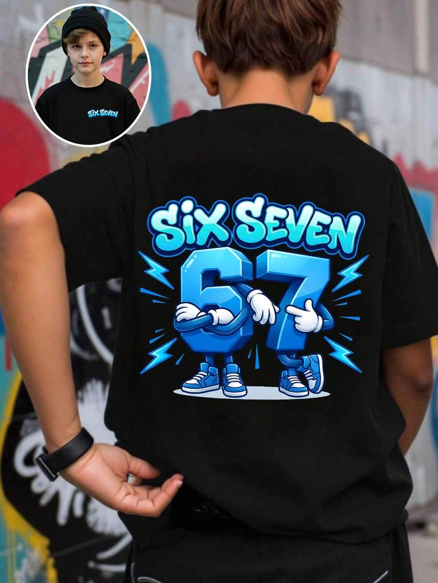 Tween Jungen Frühling und Sommer: Lässige Mode kreative personalisierte erfrischende minimalistische stilvolle Nummer 67 Blitz Grafik Buchstaben Slogan Muster lässiges Basis Kurzarm T-Shirt, bequeme Alltagskleidung gemütliche Sommer- und Herbststile: Atmosphäre-inspiriert geeignet für Frühling, Sommer, Herbst Saisons - Schwarz - Übersicht 1