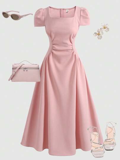 SHEIN Teen Girls Square Neck Waist Ruched A-Line Dress, Elegant Vintage Style Dress In Pink