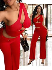 Lureya Women's Fashion Sexy Asymmetric Hollow Out Design Jumpsuit, Elegant For Daily Casual, Party, Spring/Summer - Red - View 1