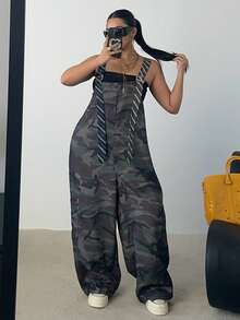 SHEIN CURVE+ Bộ jumpsuit cỡ lớn dành cho nữ, họa tiết rằn ri, dây đeo, sọc phối màu tương phản, túi hai bên, phong cách đường phố năng động, phù hợp cho kỳ nghỉ, hẹn hò và tiệc tùng. - xanh quân đội - Xem 7
