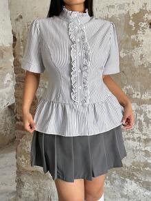 POPSWAY Plus Size Women Summer Casual Vacation Daily Commute Striped Print Peplum Hem Blouse - Multicolor - View 6