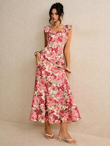 Poéselle Women's Floral Print Ruffle Hem Backless Fitted Dress - Multicolor - View 3