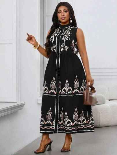 Maweii Plus Size Women Print Casual Vintage Elegant Lady Romantic Dress