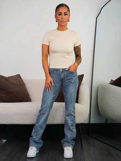 SAYEHFBABY Washed Low Waist Slim Fit Rhinestone Embellished Women's Jeans