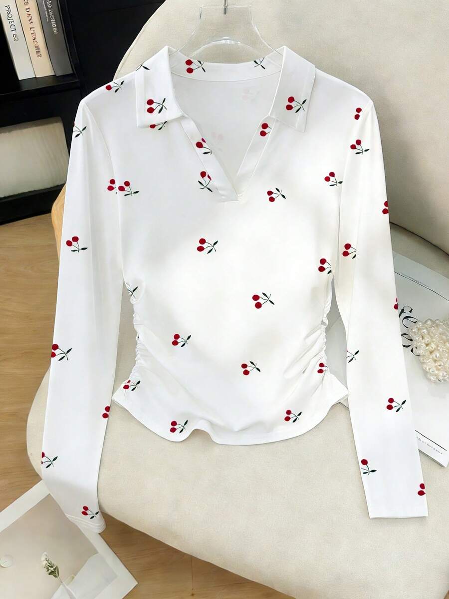 Resyla Sweet Red Cherry Print, Polo Collar, Fitted Waist, Women's Long-Sleeve White T-Shirt. Perfect For Fall. New Style, Fashionable T-Shirt. Holiday Gift, Sibling Gift, Sister Gift, Mom Gift, Mother's Day Gift. Casual, Minimalist, Stylish Top. - White - View 1