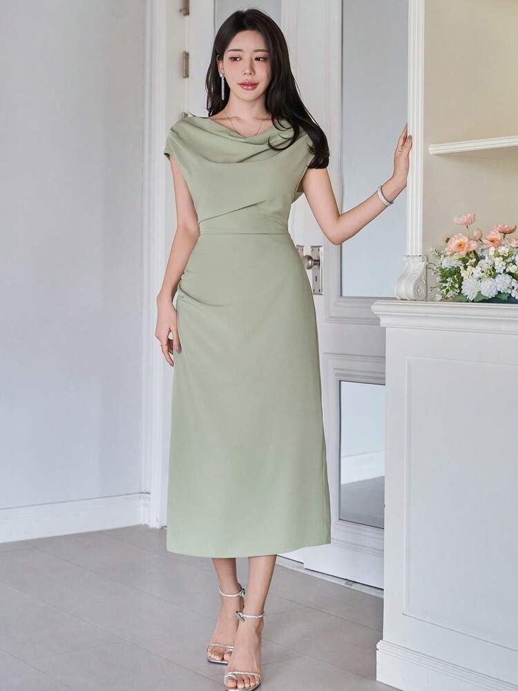Women's Elegant Solid Color Asymmetrical Shoulder Long Dress, Summer Wedding Guest Dress Sundress