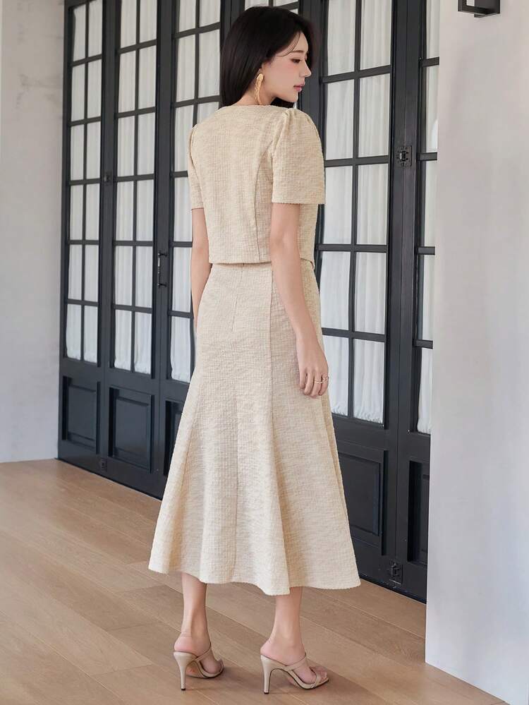 Women's Elegant Solid Color Round Neck Puff Sleeve Blouse And Fish Tail Hem Skirt 2-Piece Set, Summer,Wedding Guest Dress Women
