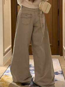 DAZY Vintage Washed Loose High Waist Slimming Wide Leg Straight Dragging Jeans - Khaki - View 6