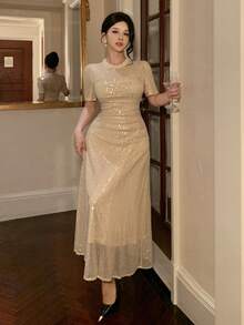 DAZY 优雅女士中长连衣裙，饰有水钻，适合情人节、婚礼、派对、正式场合，收腰设计，春夏闪亮连衣裙 - 金色 - 查看 6