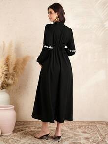 SHEIN Maternity Mandarin Collar Button Floral Embroidery Ruched Casual Everyday Dress - Black - View 2