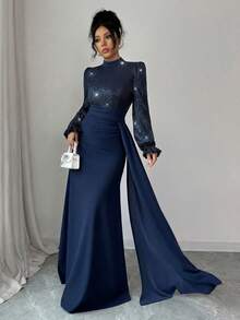 SHEIN Elenzya 女士优雅华丽亮片长袖收腰连衣裙，适合宴会、派对、婚礼宾客、新年、圣诞节等场合。 - 藏蓝色 - 查看 7