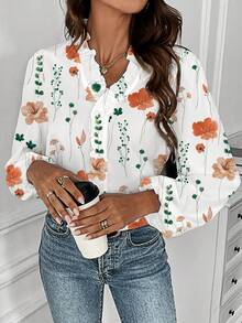 EMERY ROSE 女士休闲度假灯笼袖印花V领衬衫 - 彩色 - 查看 7