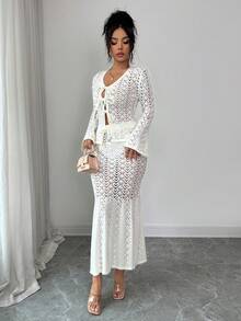 SHEIN Raffinéa Women's Elegant Flare Sleeve Hollow Out Knit Sweater And Fish Tail Hem Skirt 2 Pieces Set, Autumn - White - View 6