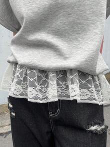 FRIFUL 女士 Polo 领半拉链蕾丝拼接宽松撞色 T 恤 - 淺灰色 - 查看 1