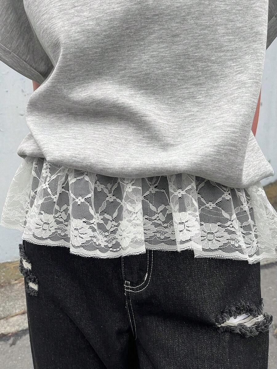 FRIFUL 女士 Polo 领半拉链蕾丝拼接宽松撞色 T 恤 - 淺灰色 - 查看 1