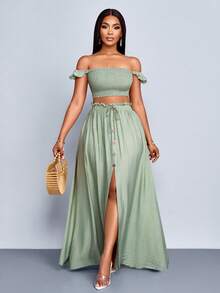 SOLERSUN 女士度假浪漫优雅亚麻质感露肩小飞袖短款上衣搭配A字前开衩长裙套装，女士两件套，休闲日常穿着 - 綠色 - 查看 5