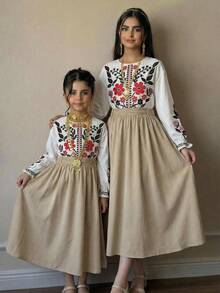 Teen Girl Spring/Summer Casual Vacation Fashion Faux Embroidered Large Floral Print Pullover Long Sleeve Top White Shirt + Khaki Umbrella Skirt Set Woven Outfit KIDS - White - View 2