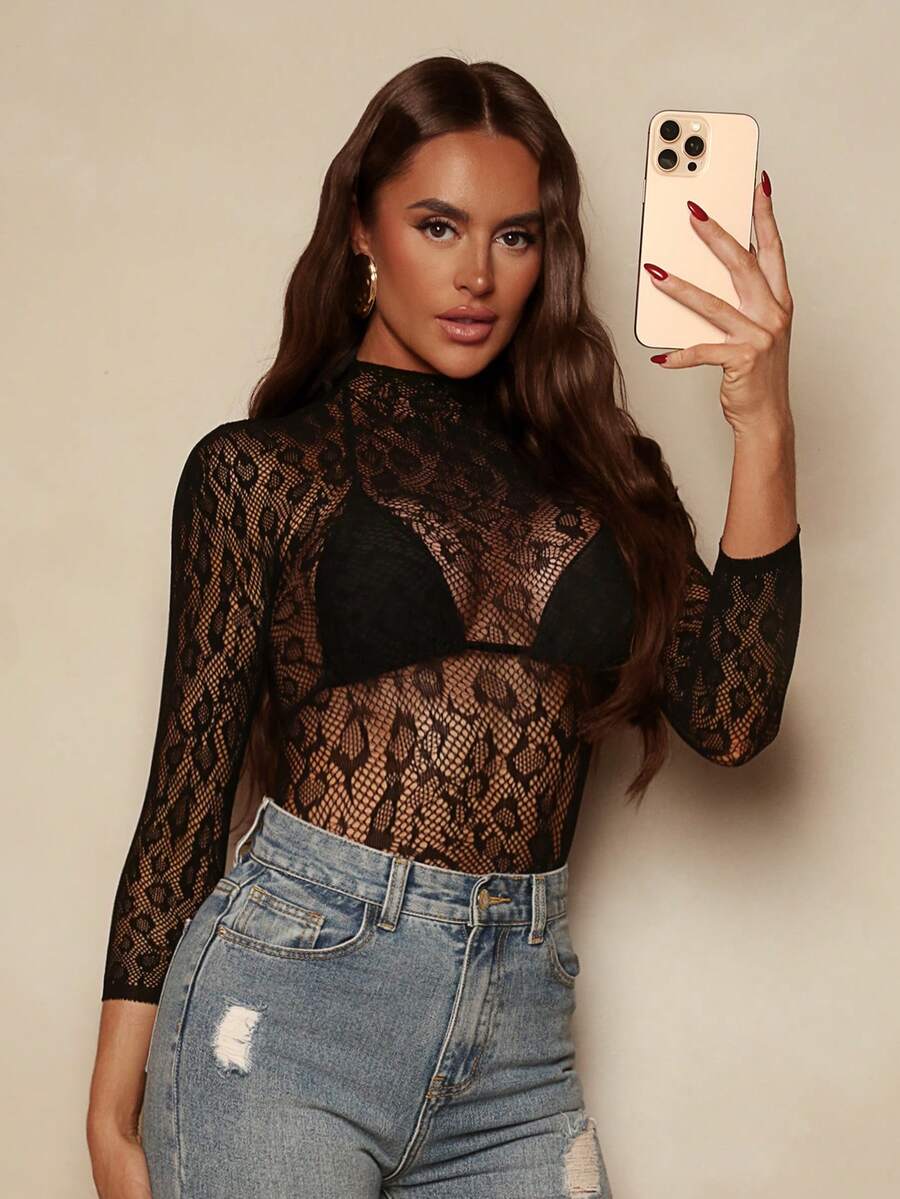 Sirith New Women's Slim Fit Long Sleeve Knit Top, Spring/Summer Fashionable Leopard Print Turtleneck Sweater, Autumn/Winter Fishnet Hollow Out Tight Fit Undershirt - Black - View 1