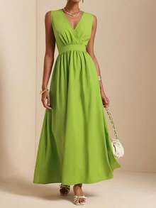 SHEIN Veneréa Women's Sleeveless Shirred Waist Gathered A-Line Dress - Green - View 1