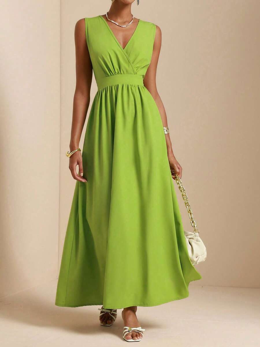 SHEIN Veneréa Women's Sleeveless Shirred Waist Gathered A-Line Dress - Green - View 1