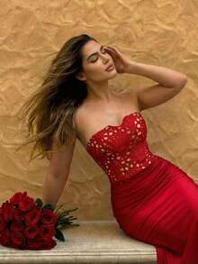 Firerie Đầm dạ hội dáng ôm màu đỏ tía, không dây vai, đuôi cá, thanh lịch, tinh tế, lãng mạn, sang trọng dành cho nữ, chất liệu ren khoét rỗng, satin phối nhiều mảnh, thích hợp cho ngày Valentine, hẹn hò, tiệc tùng, đám cưới, dự tiệc, kỳ nghỉ. - Màu Đỏ Sâu - Xem 1