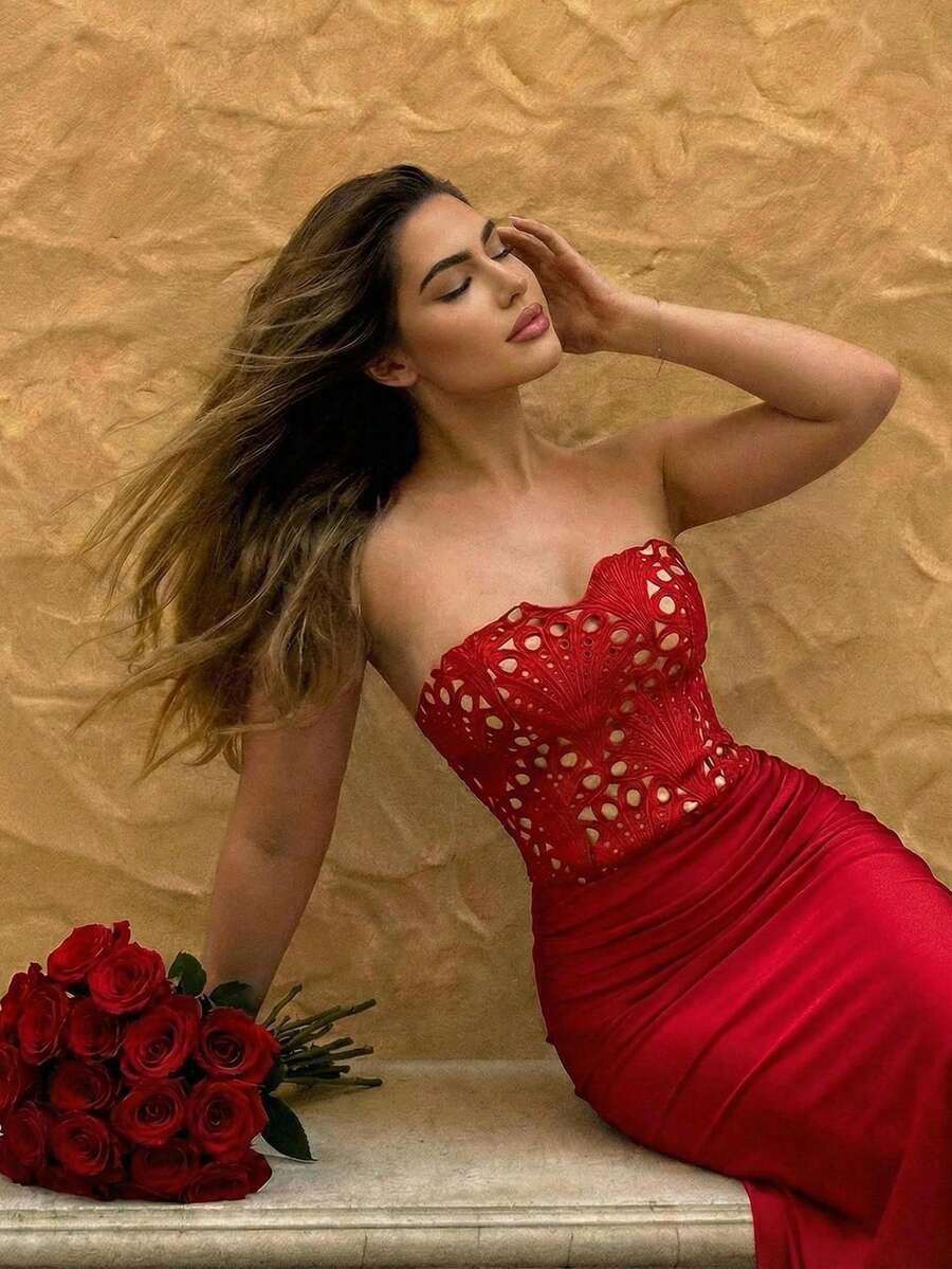 Firerie Đầm dạ hội dáng ôm màu đỏ tía, không dây vai, đuôi cá, thanh lịch, tinh tế, lãng mạn, sang trọng dành cho nữ, chất liệu ren khoét rỗng, satin phối nhiều mảnh, thích hợp cho ngày Valentine, hẹn hò, tiệc tùng, đám cưới, dự tiệc, kỳ nghỉ. - Màu Đỏ Sâu - Xem 1