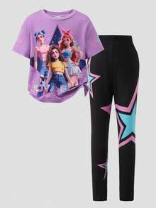 SHEIN 2pcs/Set Young Girl Purple K-Pop Cartoon Pattern Knit Soft Round Neck Short Sleeve T-Shirt And Elastic Waist Pants,Summer School Casual Outings Wear - Multicolor - View 5