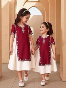 Young Girl Elegant V-Neck Floral Print Dress,Kids - Burgundy - View 2