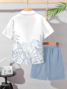 Bộ đồ 2 mảnh cho bé trai tuổi teen, kiểu dáng thường ngày, rộng rãi, thoải mái, in hình cây nhiệt đới, họa tiết cây dừa và quần short, thích hợp cho mặc hàng ngày và đi nghỉ mát vào mùa xuân/hè. - Nhiều màu - Xem 3