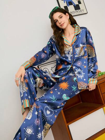 Conjunto de pijama de solapa de satén con estampado de leopardo y floral, de manga larga, holgado y de pierna ancha, ropa de dormir para mujer en otoño