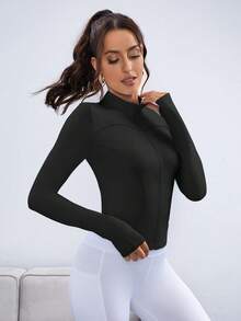 Easithlete 純色立領拇指孔運動夾克 - 黑色 - 查看 4