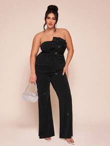 SHEIN BAE Plus Size Elegant Tube Greta Jumpsuit,Shimmering Tulle Black,Summer Long Jumpsuit For Wedding,Night Out Club - Black - View 4