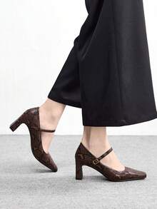 CUCCOO BIZCHIC Women's Fashion Snake Skin Square Toe Buckle Office Commute Strap High Heel Pumps, Spring/Autumn Valentine's Day - Redwood - View 5