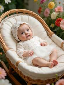 SHEIN 女婴洗礼服，圣诞蕾丝公主裙，配同款蕾丝帽，女婴摄影服装 - 白色 - 查看 5