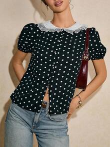 Poéselle 女士雪纺波点刺绣领泡泡袖衬衫 女士彼得潘领上衣 女士波点上衣 女士上衣和衬衫 女士休闲上衣 女士短袖上衣 女士最新款上衣 波点衬衫 女士新品上市，假日约会装扮，社交衬衫，2026夏季穿搭，夏季美学穿搭 - 黑色 - 查看 8