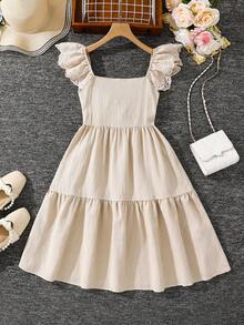 Emery Rose Kids Emery Rose Kids Tween Girl Plain Woven Square Neck Flounce Hem Casual Dress Beige Dress Girls Little Girls Beige Dress Tween Girl Champagne Dress Girls Ruffle Dress - Khaki - View 3