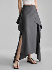 Ontre 2026春夏新款深灰色波浪褶裥半身裙，适合现代都市派对、返校季、都市简约休闲日常穿着、波西米亚风格、度假、节日等场合，春季女装半身裙 - 深灰色 - 查看 1